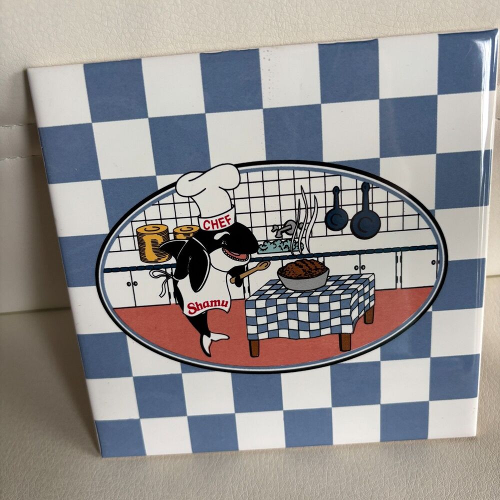 SeaWorld Shamu Chef Ceramic Trivet Tile Cork Back Blue White Kitchen Decor VTG